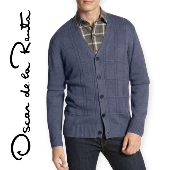 Oscar De La Renta | L | Textured Knit Window Pane V-Neck Button Down Cardigan - Picture 1 of 7